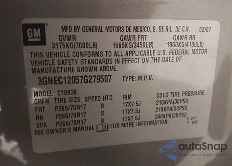 2007 Chevrolet Avalanche 1500 Ls from USA, damaged, VIN 3GNEC12057G279507